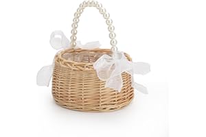 TITA-DONG Elegant Wedding Flower Girl Basket with Pearl Handle and Ribbon Bow, Bowknot Satin Flower Basket for wedding, Rustic Handwoven Wicker Flower Basket, Versatile Picnic Basket for Outdoor (1PCS)