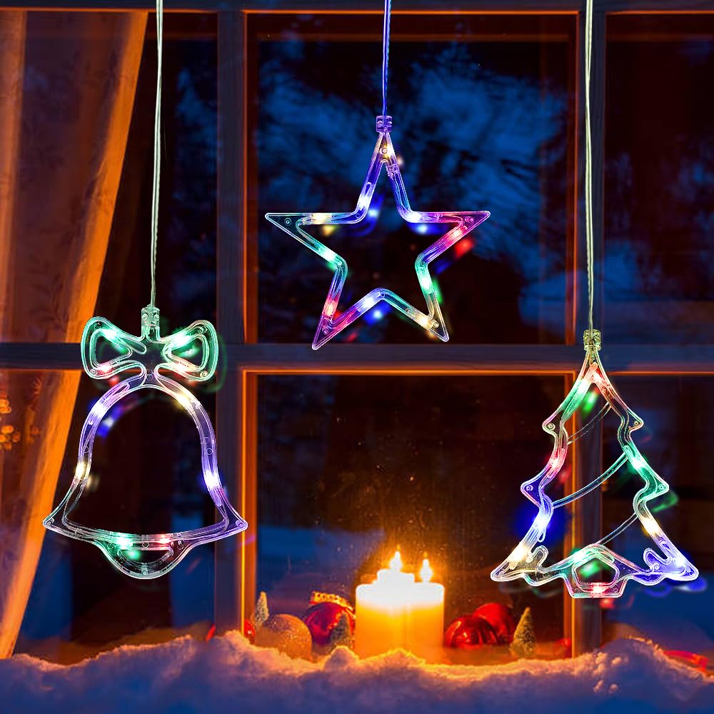 FINGOOO Christmas Indoor Hanging Light Pendant, 3Pcs Warm White Backdrop Star Xmas Tree Bell Lights for Home Shop Party Christmas Window Hanging Decoration Indoor Outdoor