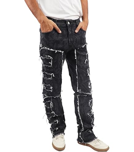 パンツ DISTRESS MULTI PATCH SLIMFIT DENIMPANTS Men's Relaxed Patchwork Jeans Comfort Straight Cargo Denim