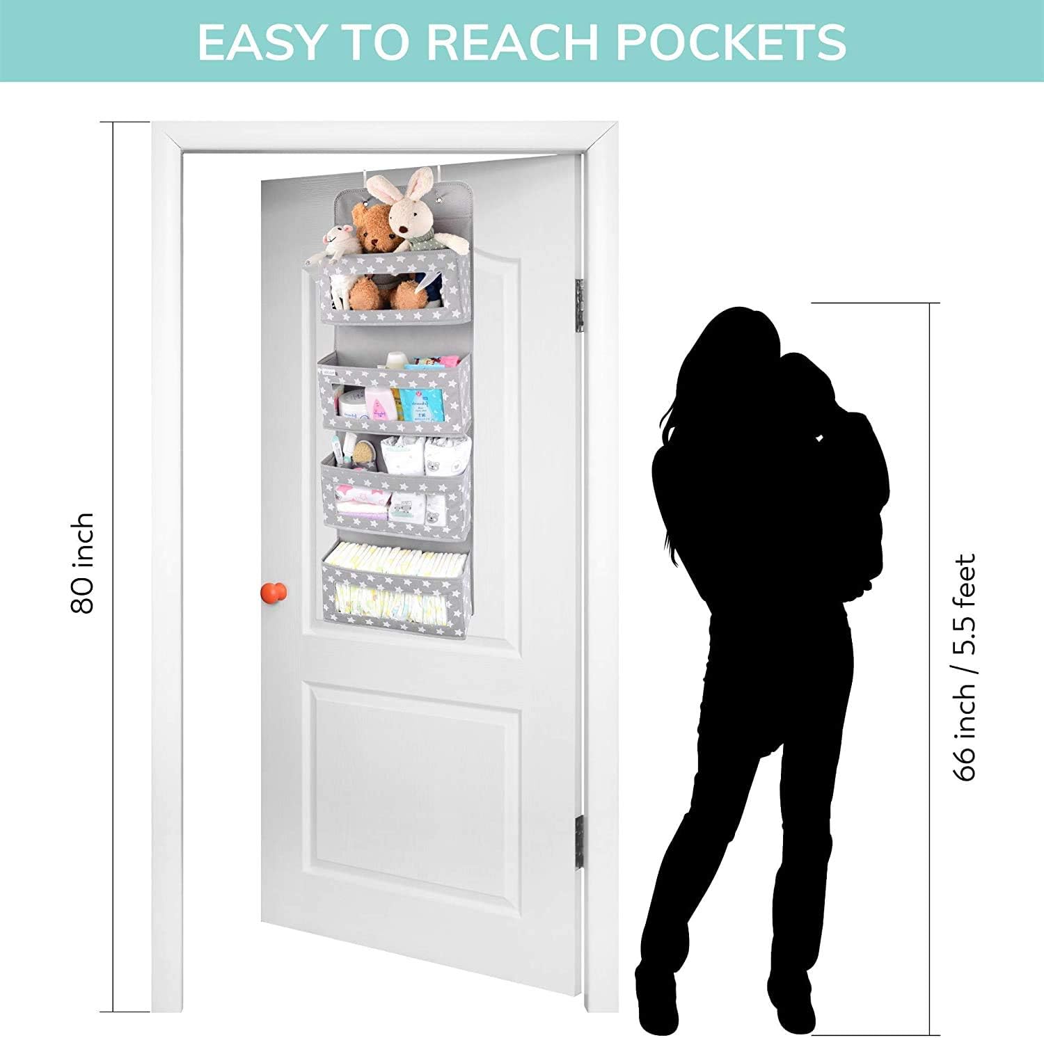 Vesta Baby Over Door Hanging Organiser with Hooks, Unisex Space Saving 4 Pocket Storage for Bathroom Children's Room, Nursery - Image 4