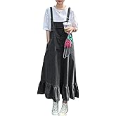 chouyatou Women's Y2K Cute Ruffle Denim Overall Jean Dress Distressed Flared Maxi long Bib Jumper Dress