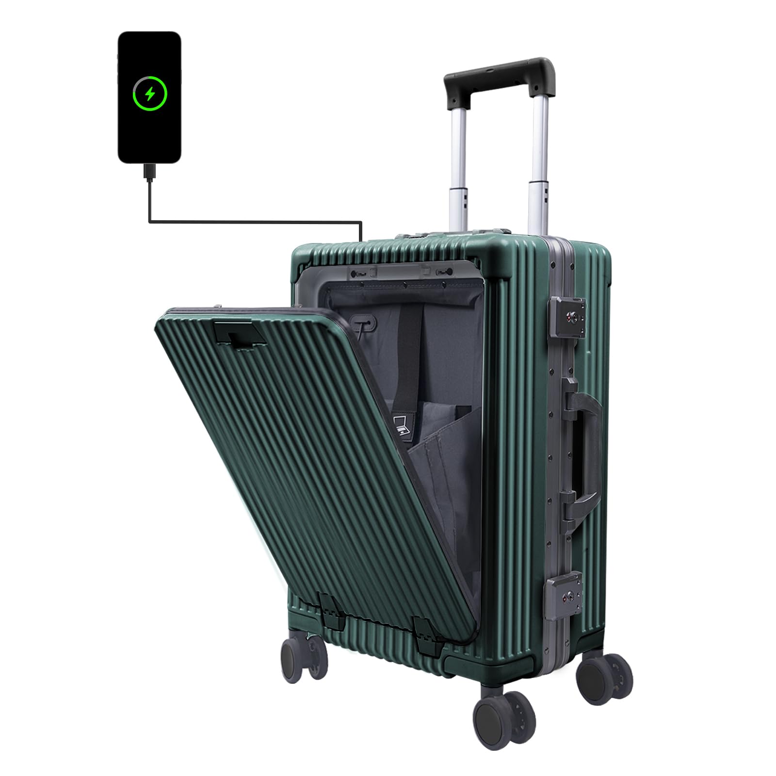Carry On Luggage with Cup Holder and Usb Port, Aluminum Frame, Front Compartment, TSA Lock, 22x14x9 Airline Approved Hardside Suitcase with Spinner Wheels(Dark Green, 20-lnch)