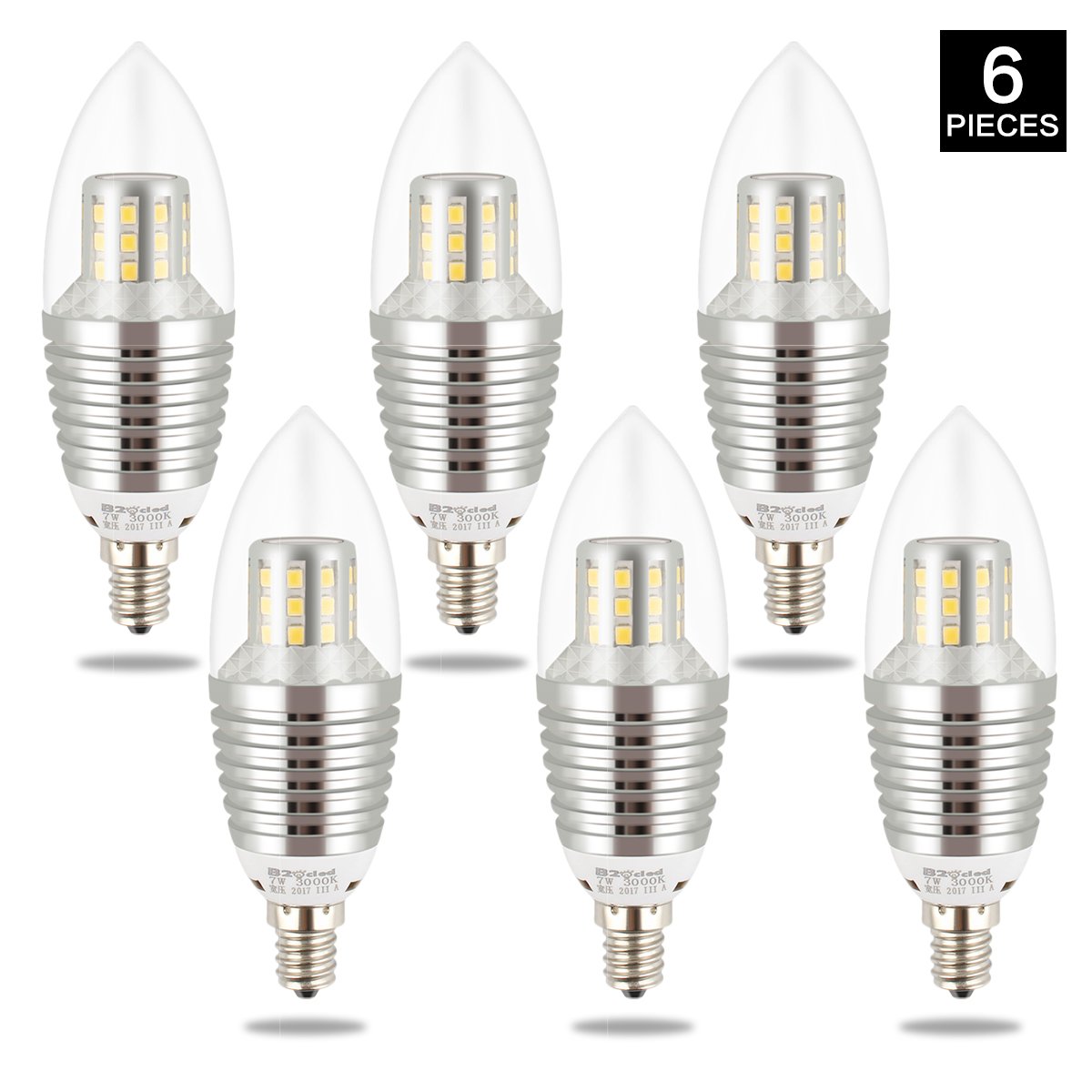 B2ocled- E12 LED Candelabra Base Bulb 5W, Warm White 3000K LED Candle Bulbs, 40 Watt Incandescent Bulb Replacement, 450 Lumens LED Lights, E12 Base Torpedo Shape (6 Pack)