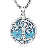 AUDINCEED Tree of Life Necklace Tree of Life Pendant 925 Sterling Silver Abalone Shell Opal Malachite Turquoise Moonstone Crystal Necklace Celtic Knot Family Tree Jewelry for Men Women Fathers Day