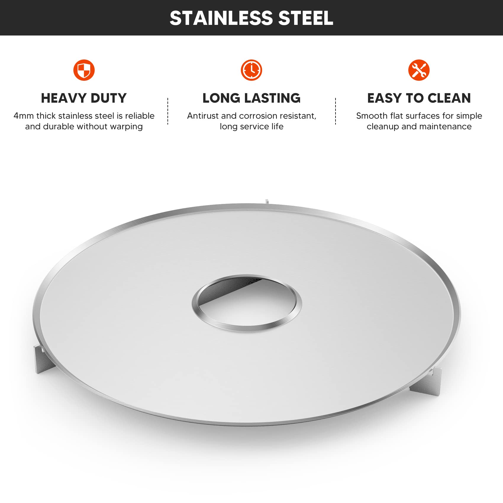 Onlyfire Feuerplatte, BBQ-Disc Edelstahl, Ø 65 cm Grillplatte, Grillring mit Ölauffangrillen, 3 Auflageleiste, Feuerring für Weber Fassgrill, Kugelgrill, Räucherofen, Plancha Gasgrill, BBQ-Platte 3