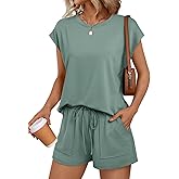 LILLUSORY Womens Crew Neck Cap Sleeve Drawstring Two Piece Summer short Sets Sweatsuit with Pockets