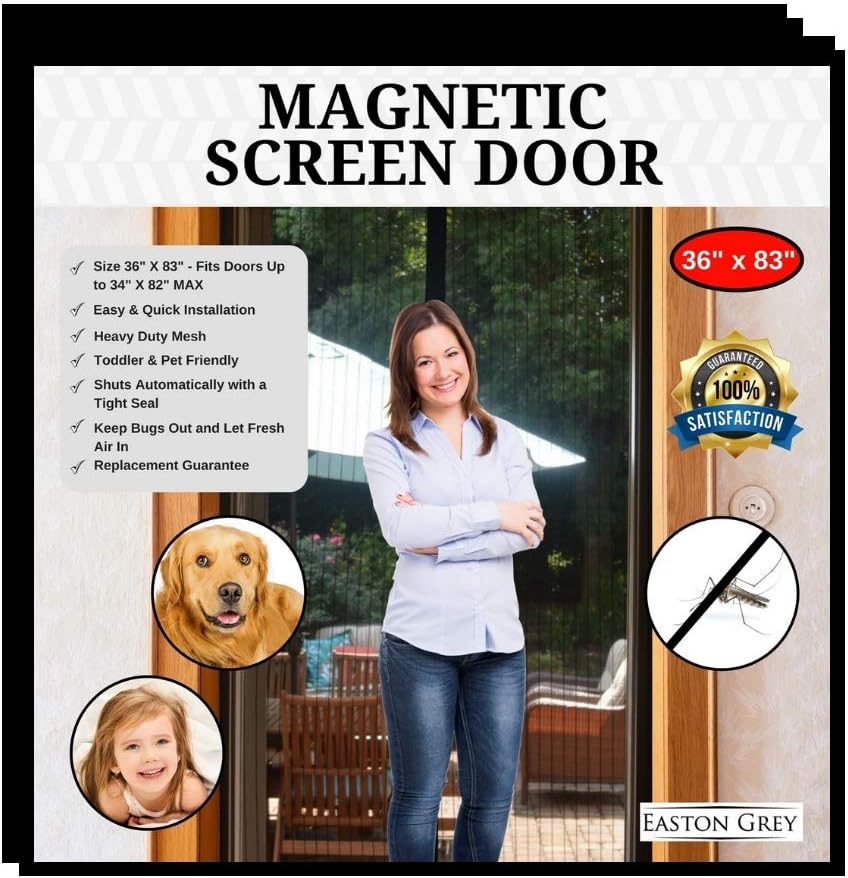 Easton Grey Magnetic Screen Door Bug Screens: Door Screen with Strong Magnets, Reinforced Heavy Duty Mesh Curtains - Keeps Out Insects - Kid & Pet Friendly - Fits Doors Up to 34" x 82" - Black