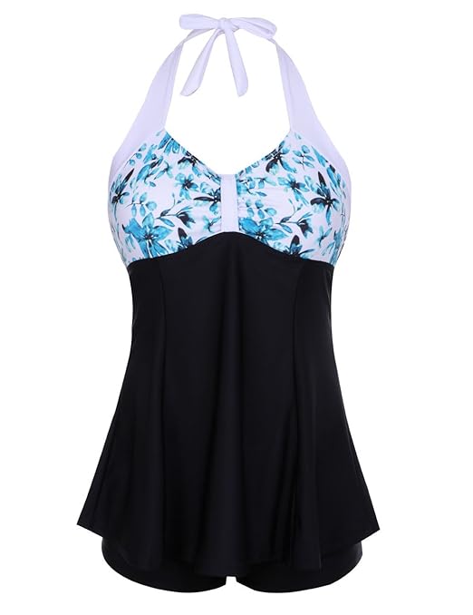 FeelinGirl Bikini Tankini Bademode Badeanzug Badekleid Strandkleid Neckholder Einteiliger Push up Badebekleidung mit Hotpants