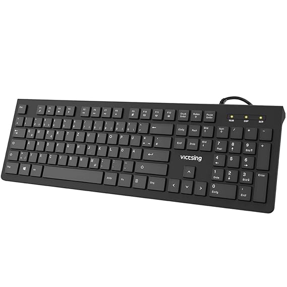 VICTSING USB Tastatur, 105 Tasten Chiclet PC Tastatur, QWERTZ Deutsches Layout, Wired Tastatur USB 2.0/ Ergonomisches Design,