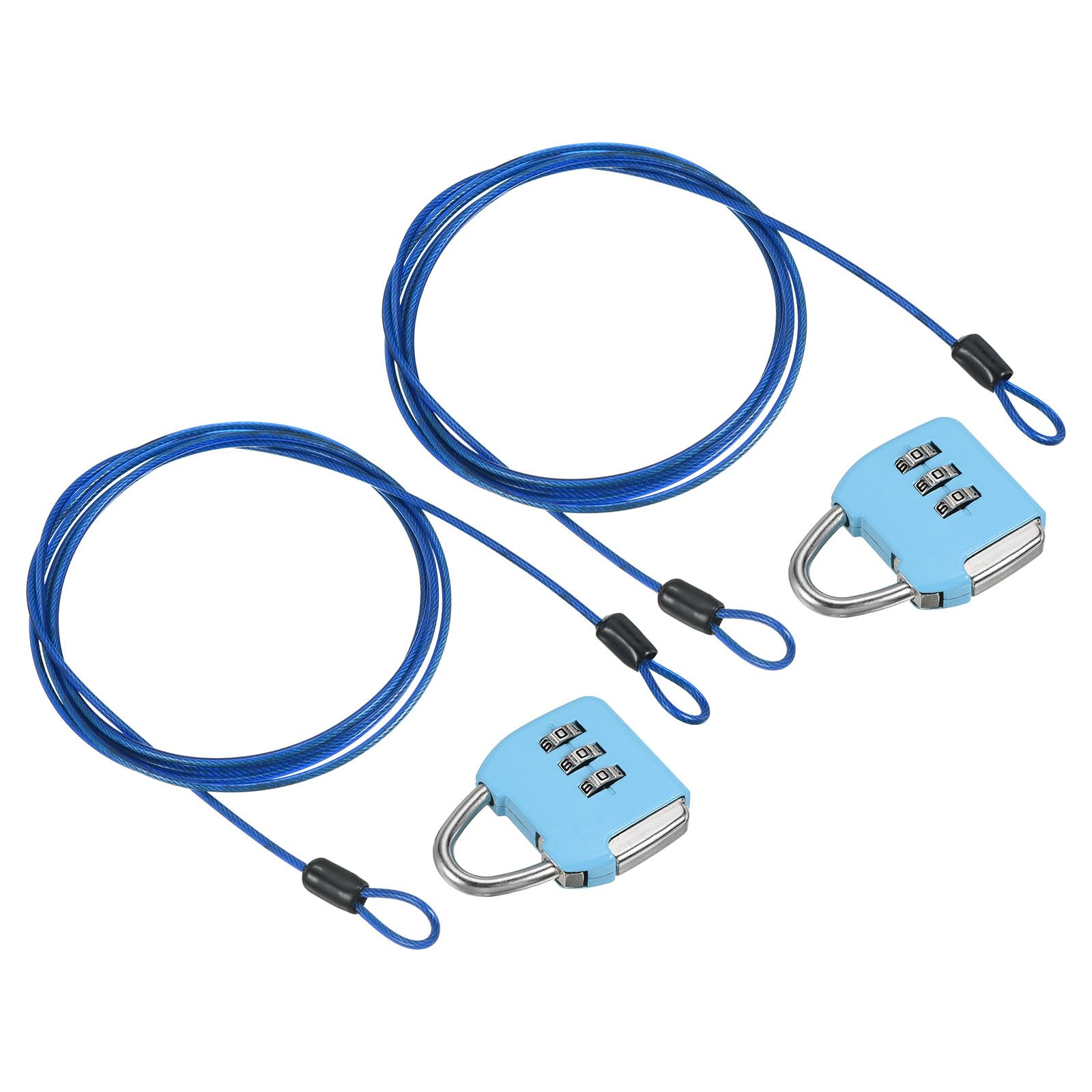 PATIKIL Security Steel Cable with 3 Digit Combination Lock, 2 Set Travel Padlock 6.6Ft Coated Safety Wire Rope Double Loop for Luggage Suitcase, Sky Blue