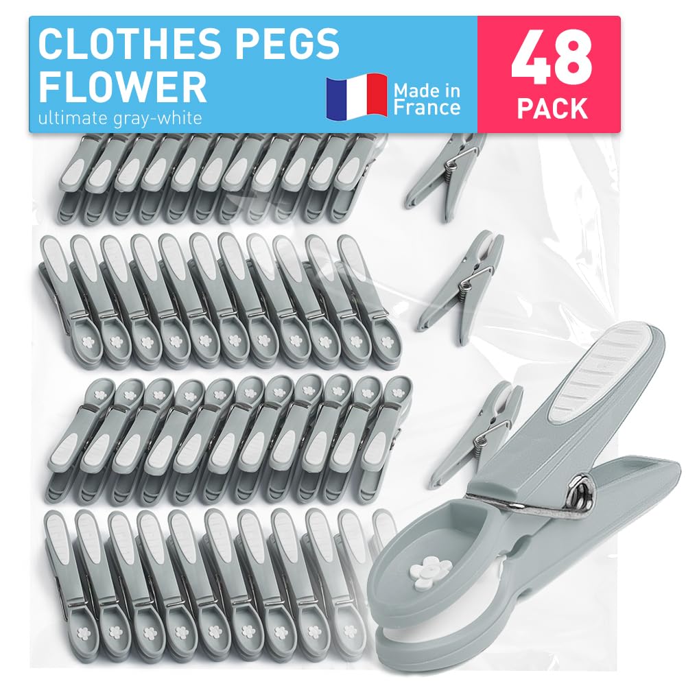 culiclean Clothes Pegs for Washing Line – Strong Soft Grip Washing Pegs "Flower" – Durable Plastic Laundry Pegs for Indoor, Outdoor Use – Heavy Duty Clothes Clips – 48 Pack – ultimate grey-white