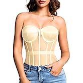 Kaei&Shi Sheer Mesh Overbust Corset,Sexy Strapless Lace Up Satin Bra Corsets Top For Women Shapewear