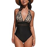 CUPSHE Women's One Piece Swimsuit Plunging Neck Bathing Suit Halter Strappy Lace Cutouts Swimwear
