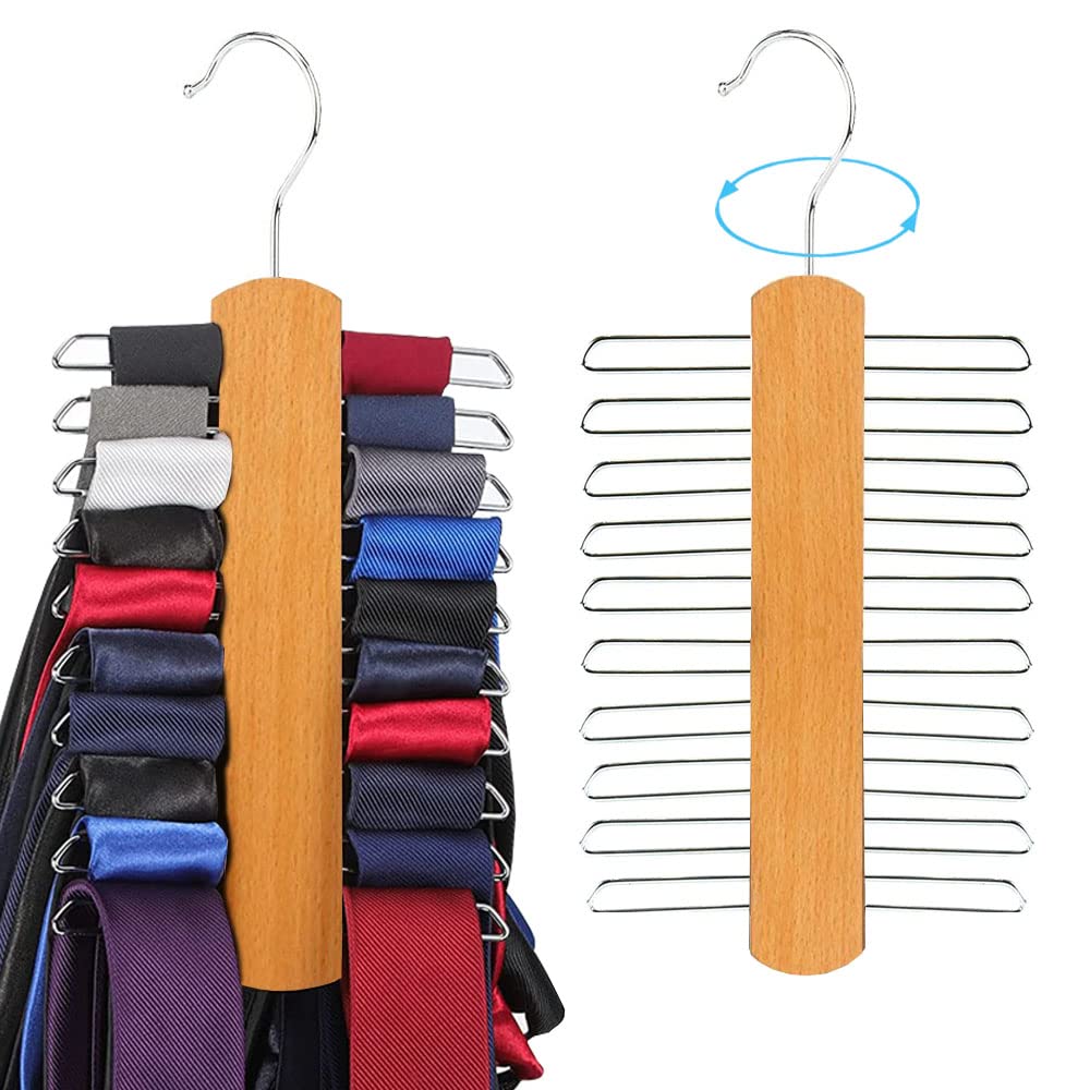 2 Piece Wooden Tie Hanger, Swivel Tie Rack with 20 Metal Partitions and 360 Degree Rotating Clothes Hook, for Hanging Belts, Scarves, Neckties and More