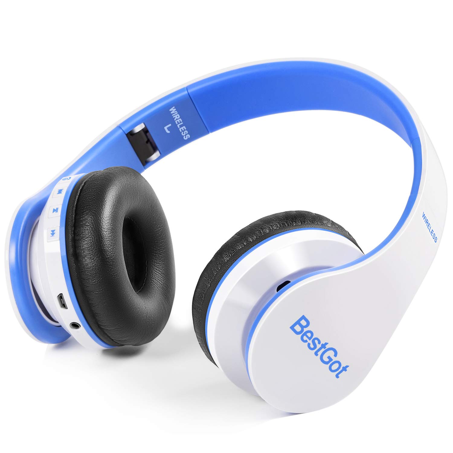 BestGot Kids Headphones Bluetooth, BT6002 Wireless Headphones for Kids Child Volume Limited 85/110dB for School Foldable Headset for 60 Hours PC/Phone/Tablets/TV (White/Blue)