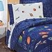 Dream Factory Kids 8-Piece Complete Set with Bedskirt Easy-Wash Super Soft Comforter Bedding, Full, Blue Outer Space Satellites