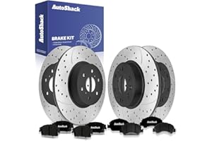 AutoShack Front Vented & Rear Vented Drilled & Slotted E-Coated Brake Rotors + Premium Ceramic Pads 12-PC Brake Kit Replaceme