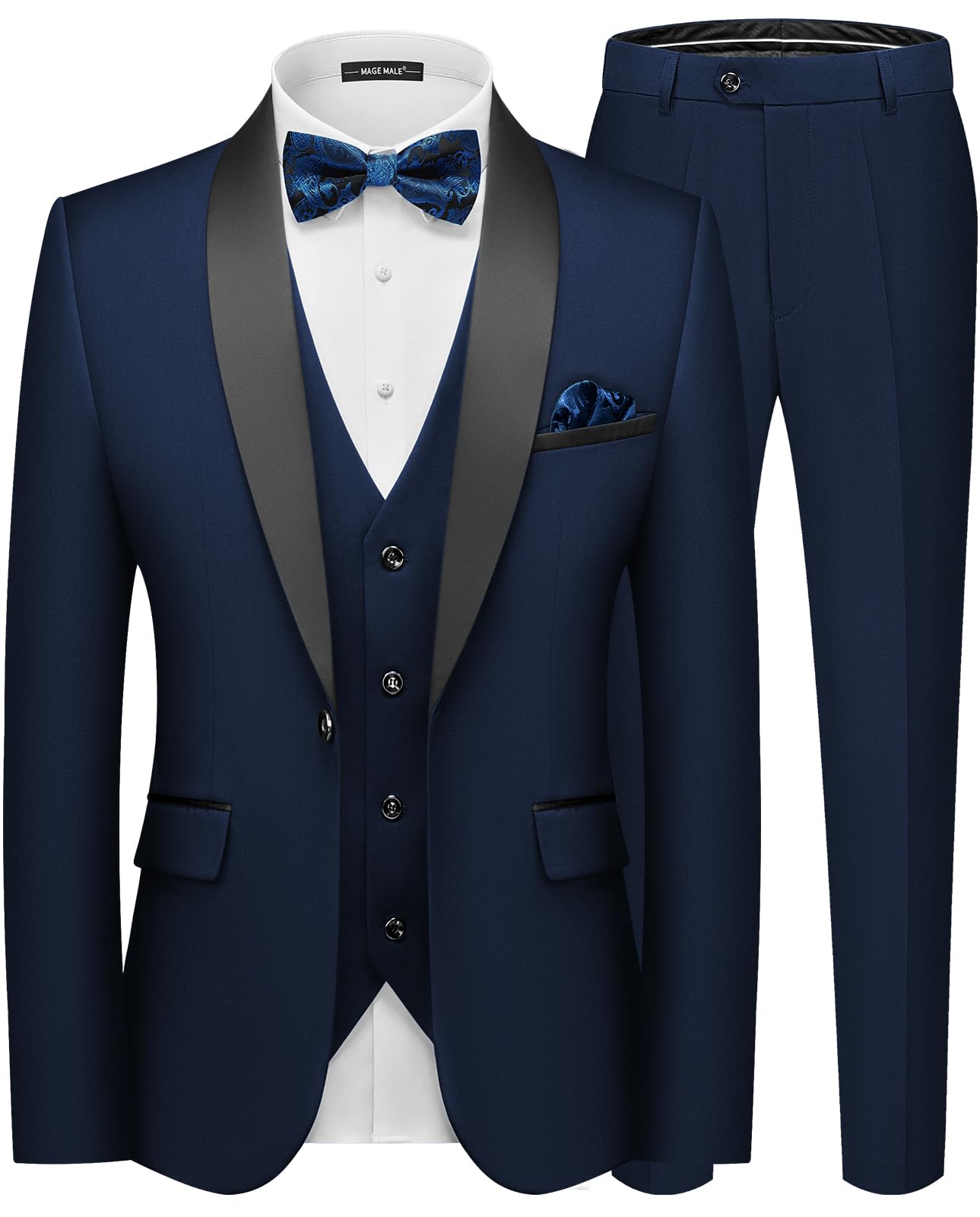 Photo 1 of MAGE MALE Men's Slim Fit 3 Piece Suit One Button Solid Shawl Lapel Blazer Jacket Vest Pants Set with Tie Pocket Square Navy Blue