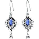 925 Sterling Silver Vintage Retro Art Antiqued Dangle Drop Earrings with Birthstone Crystal Anniversary Birthday Jewelry Gifts for Women