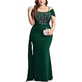TIARALY Plus Size Off The Shoulder Mermaid Maxi Dress Spaghetti Strap Pearl Bodycon Dresses Cocktail Wedding Evening Gown