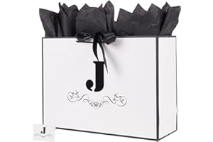 ysmile Letter Gift Bag with Wrapping Tissue for Men Women Boy Girl, 16" Large White Black Paper Bag for Birthday Anniversary - Single J