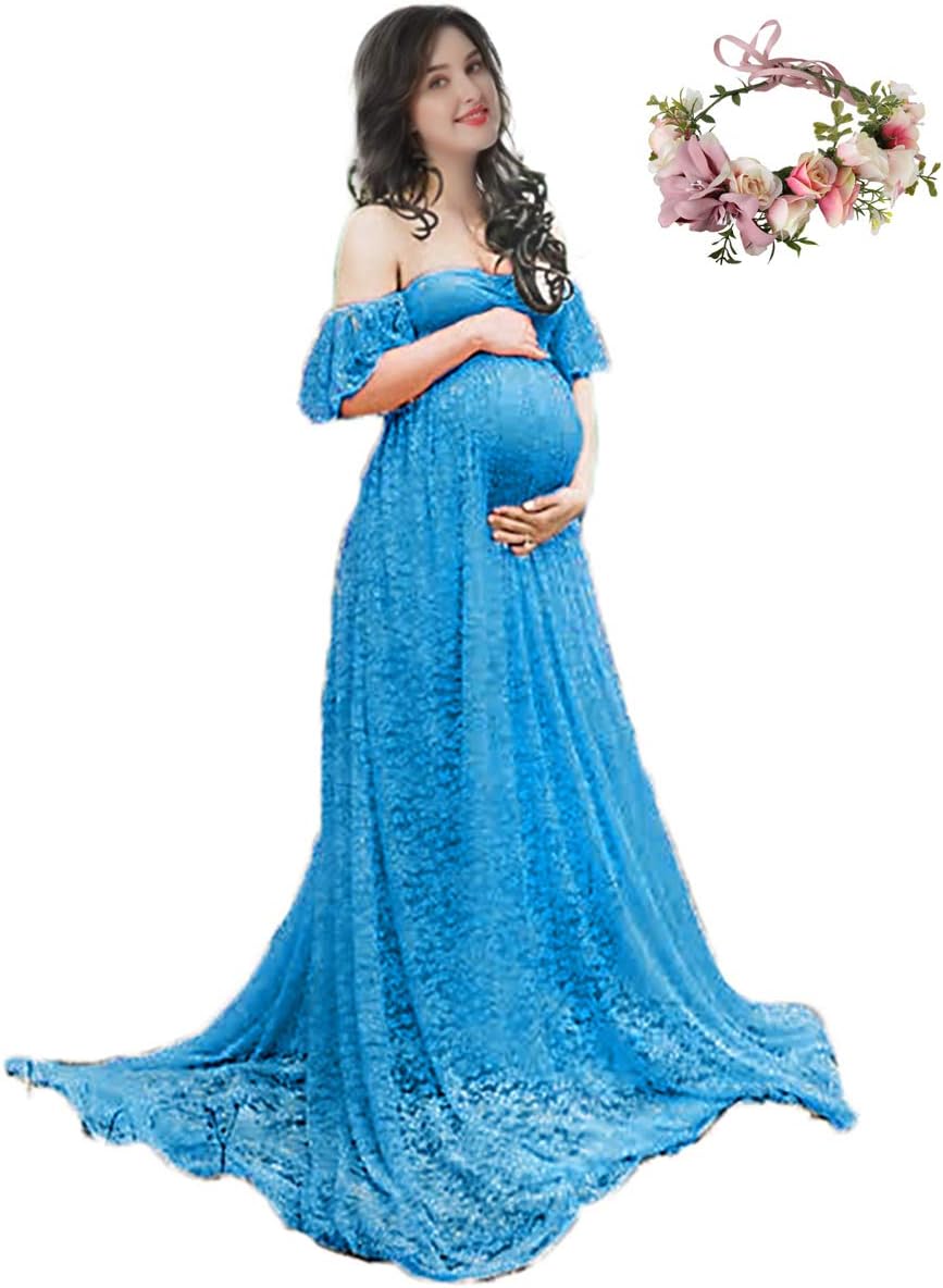 Women's Off Shoulder Ruffle Sleeve Lace Maternity Gown Plus Maxi Photography Dress