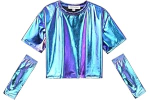Perfashion Girls Metallic Shirts with Arm Sleeves, Shiny Crop Top for Dancing, Raves, Festivals, Costumes 4-15 Years