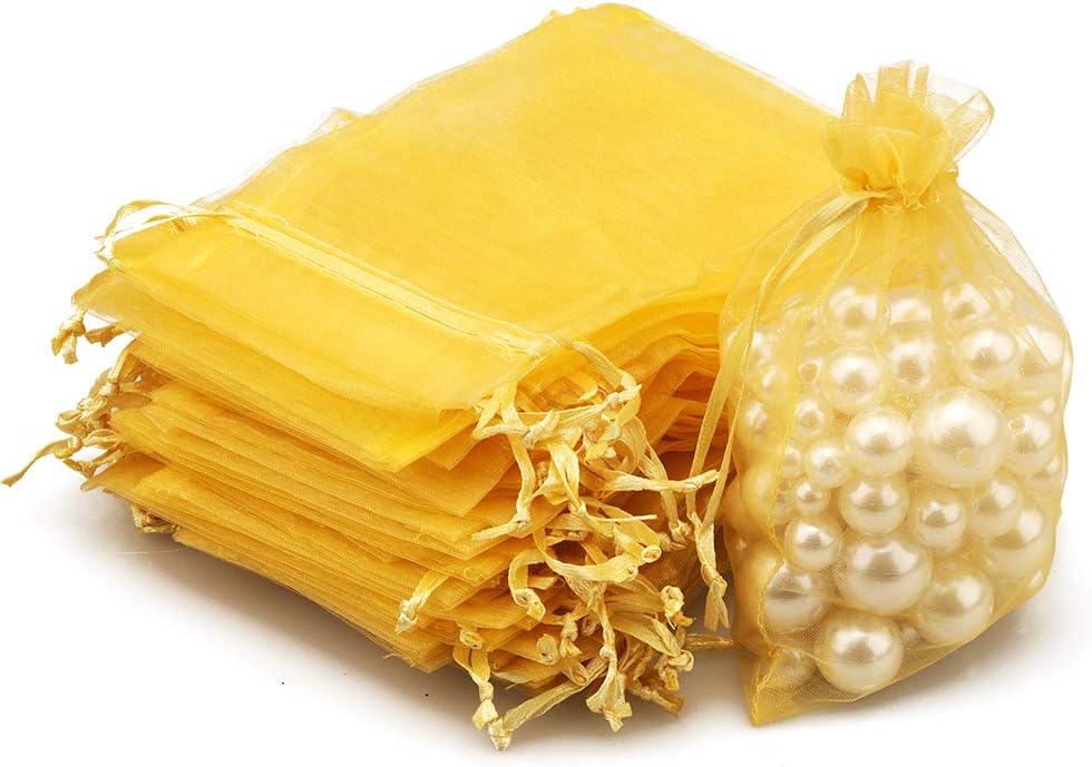 G2PLUS Gold Organza Gift Pouches, 10x15 CM Medium Organza Favour Bags, 100 PCS Wedding Jewelry Bags
