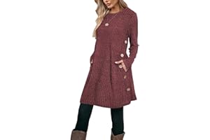 Poetsky Women Long Sleeve Tunic Tops to Wear with Leggings Side Buttons Long Shirts Rib Sweater Dress with Pockets