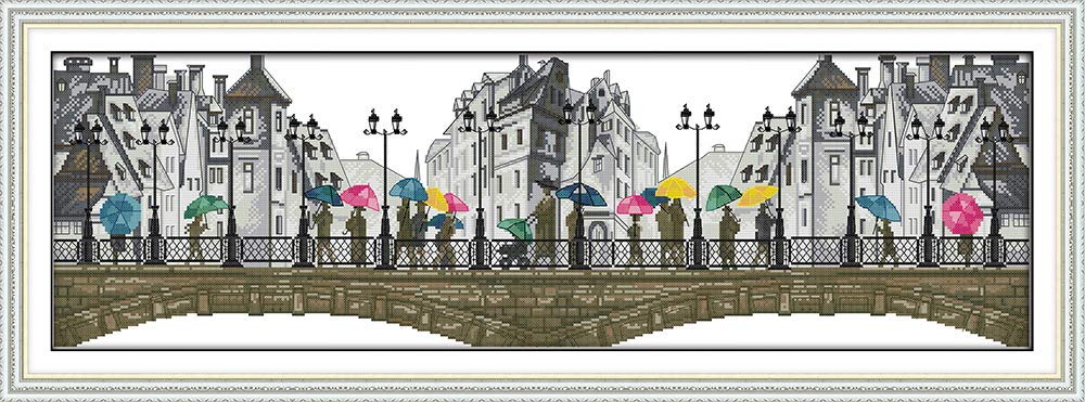 CaptainCrafts Cross Stitch Kits for Adults Counted Unprinted Fabric Cross Stitch Set DMC DIY Art Embroidery Kits Needlework Crafts (Unpreprinted 14CT, The Scenery in The Rain)