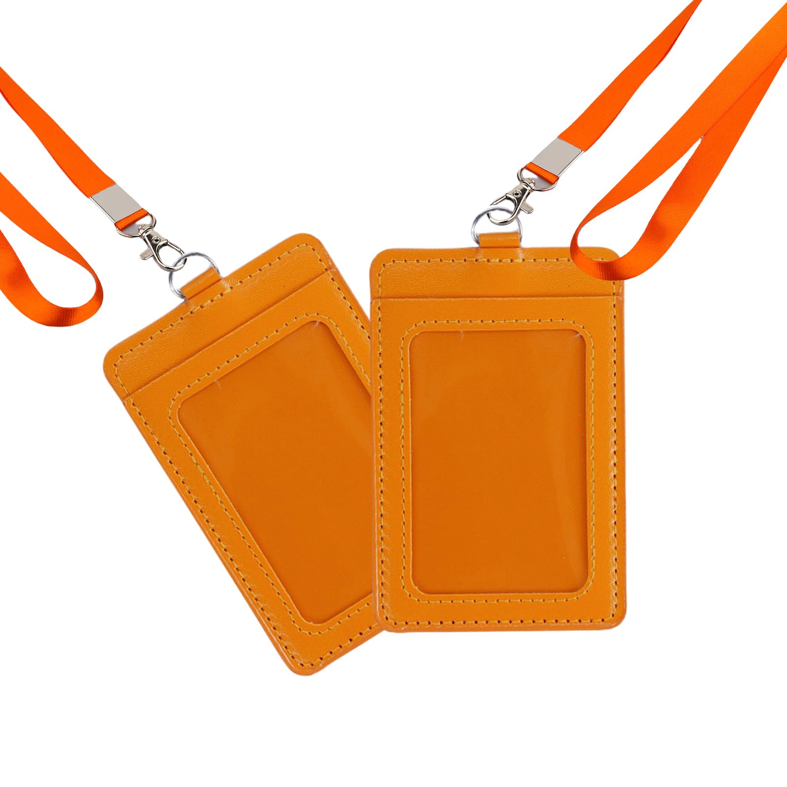 2 Pack Vertical PU Leather ID Badge Card Holder with Lanyard & 2 Card Slot, Clear Window Name Badge Holder Case for Access Card, Business Credit Card, School Work ID, Name Tags (Orange)