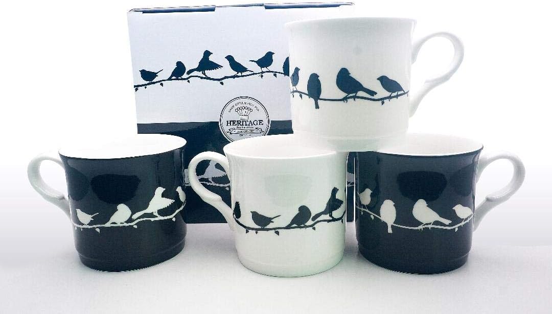 FINE Bone China Set of 4 Mugs Gift Boxed Black and White Birds Mugs