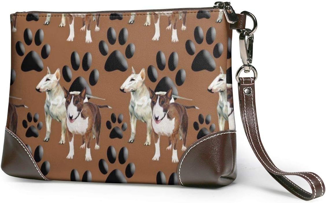 Bull Terriers And Paw Women Portable Soft Genuine Leather Clutch Wristlet Small Classic Bag Large Wallet