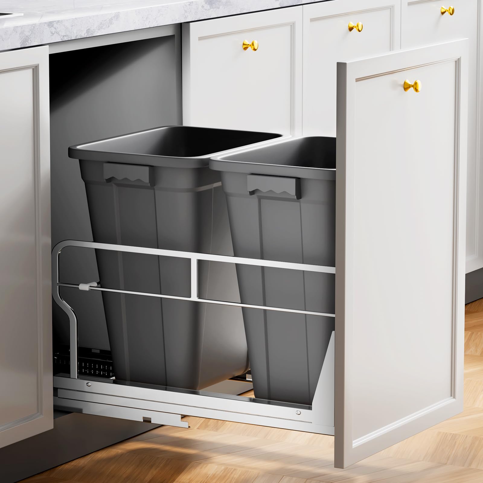 Photo 1 of Insputer Double 40QT Pull Out Trash Can Under Cabinet, Heavy Duty Under Sink Garbage Bin Kit with Soft-Close Slides for Kitchen, Laundry, Requires Minimum Cabinets Opening 18" W X 24" D