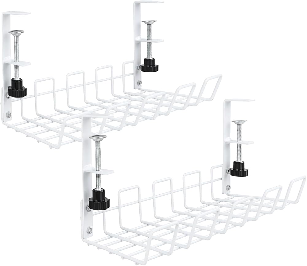 VIDETOL 2 Pack Under Desk Cable Management Tray Metal White No Drill Clamp Rack