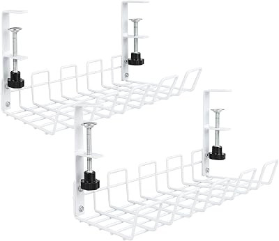 VIDETOL 2 Pack Under Desk Cable Management Tray Metal White No Drill Clamp Rack