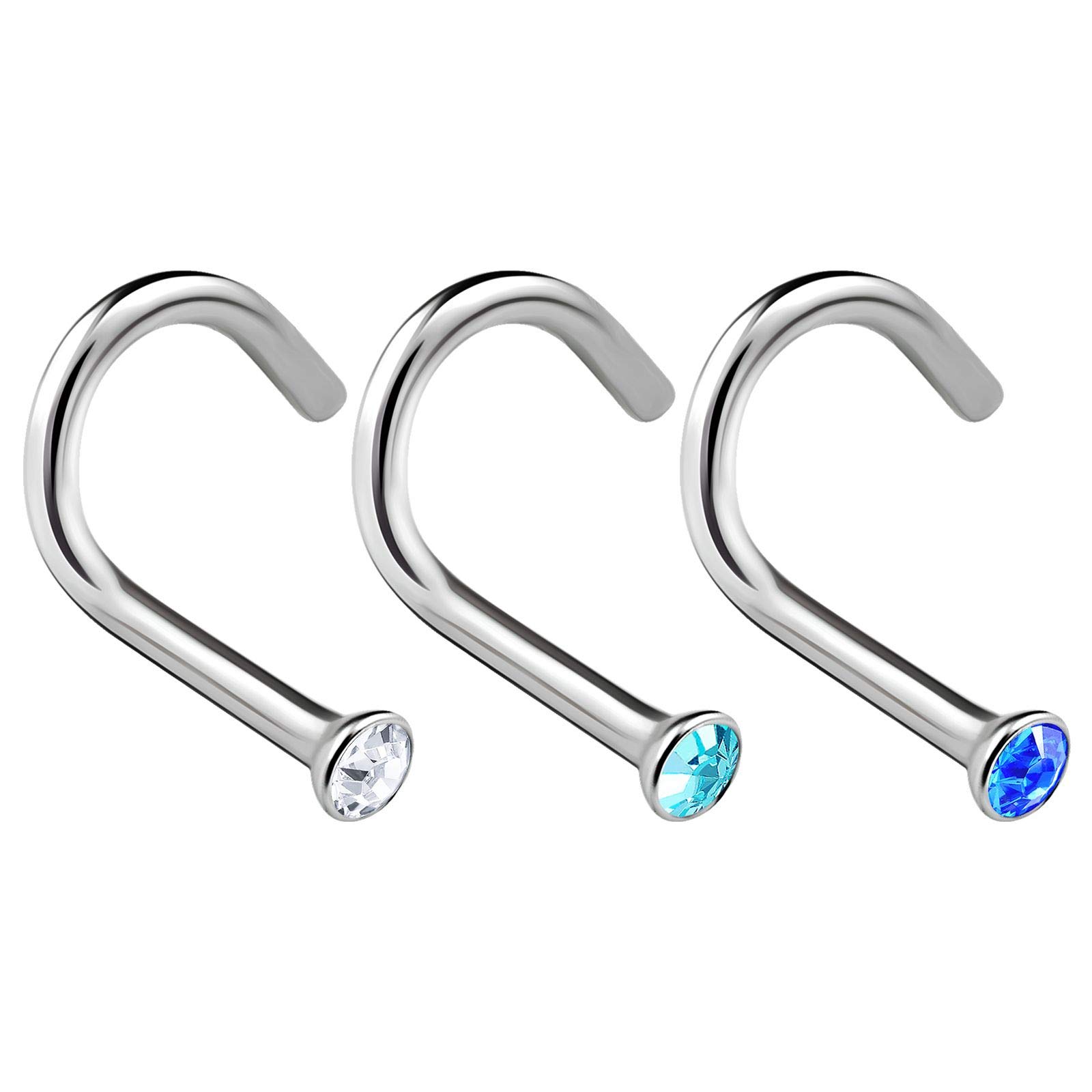 3PCS 316L Stainless Steel Nose Screw 18 Gauge 7mm Clear Aquamarine Sapphire Crystal Nostril Stud Rings Jewelry 1380