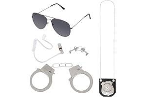 HMXPLS 4 Pcs Detective Costume Accessories Set for Adults, Detective Role Play Dress Up, Detective Cosplay Prop, Spy Agent Costume Accessories - Sunglasses, Ear Piece, Badge, and Handcuffs Black