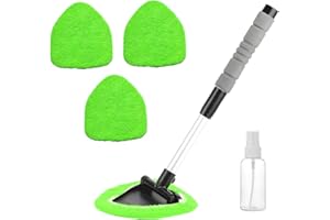 JUSTTOP Windshield Cleaner Tool, Portable Auto Glass Cleaning Tool Kit with Extendable Handle & 4 Reusable Cloth Pads, Microf