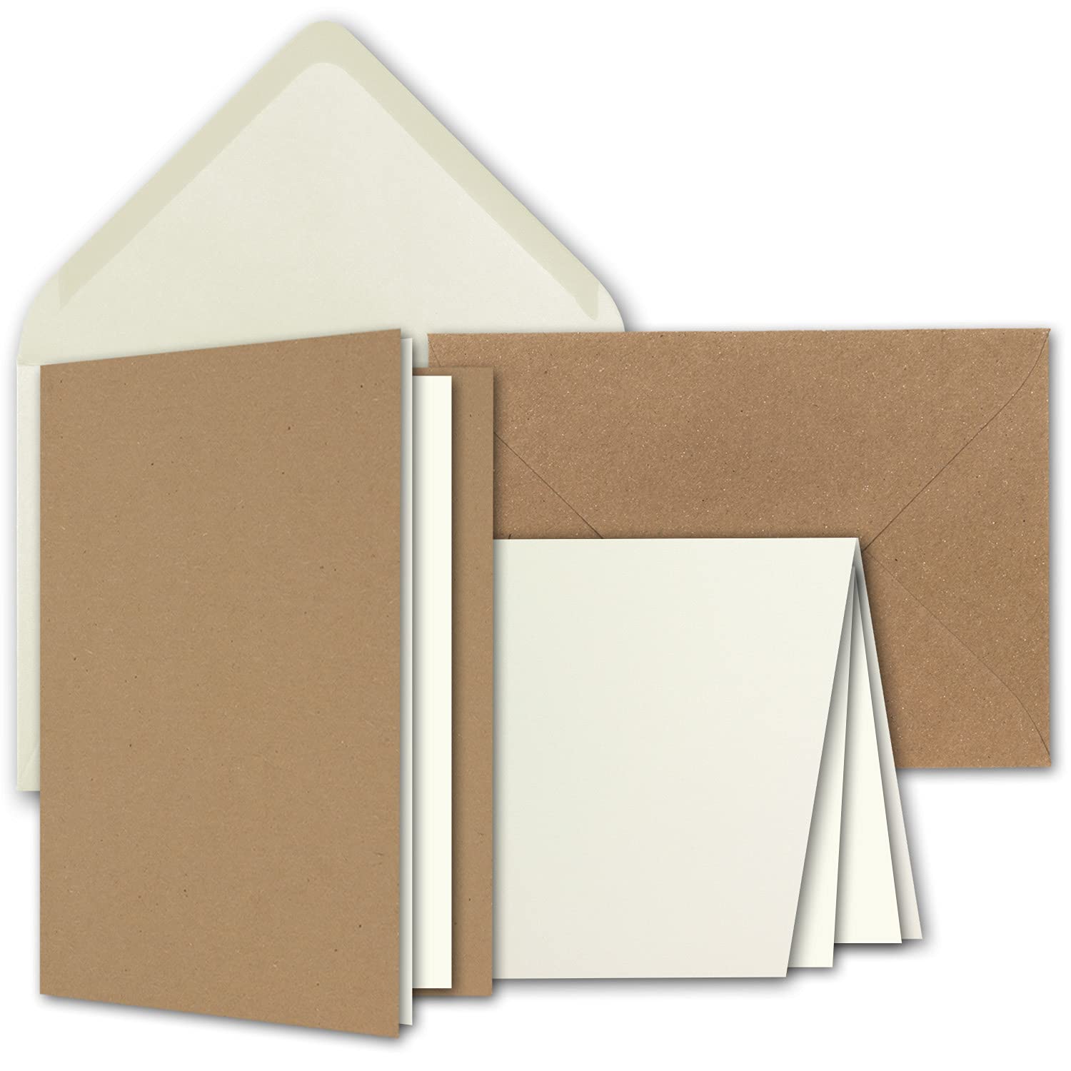 Card package DIN A6 + C6 in natural white and kraft paper brown - 50 double cards and 50 envelopes - with 50 inserts - Card set with envelopes including gift box