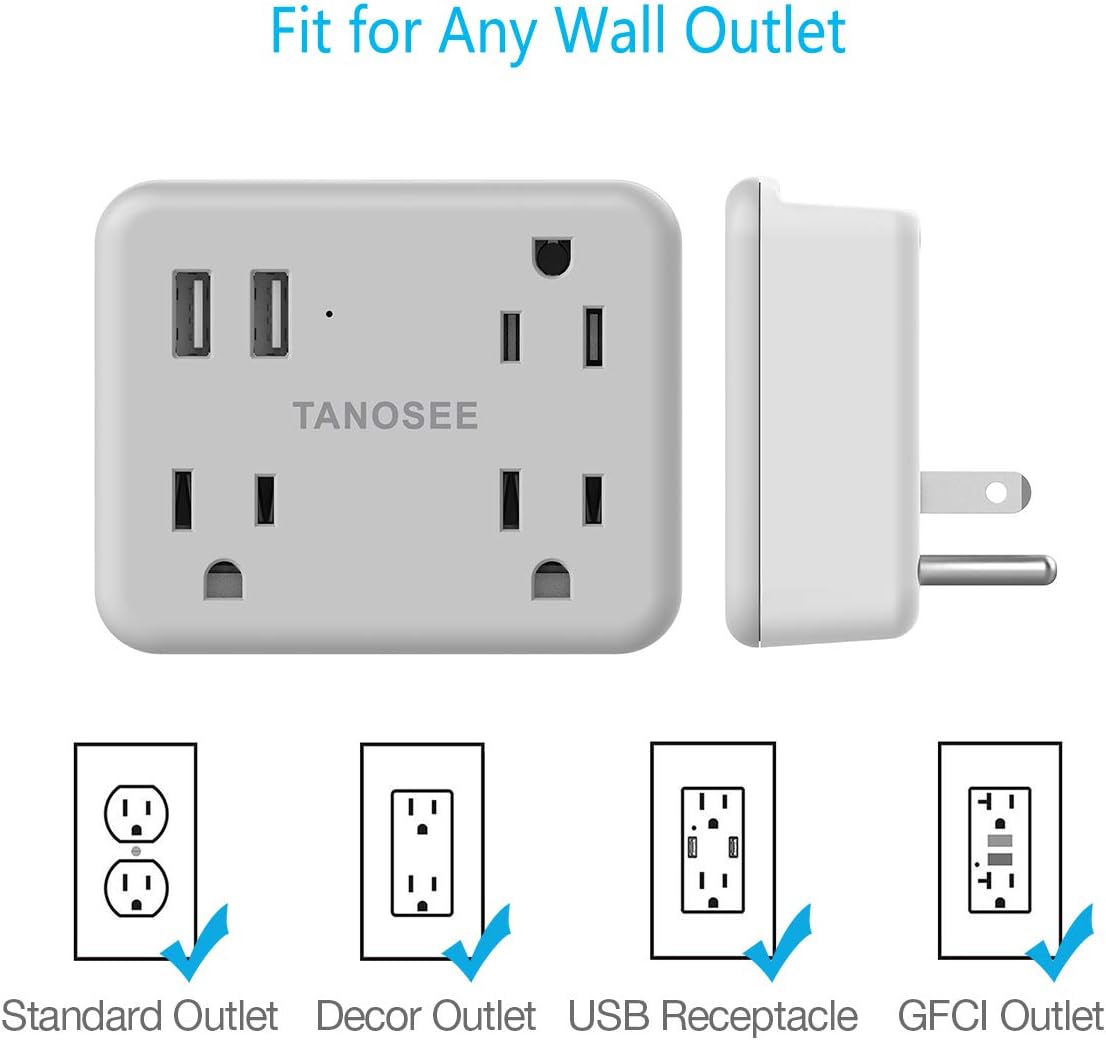 Multi Plug Outlet Extender for Cruise Essentials, TANOSEE Wall Outlet Plug Splitter with USB Wall Charger, Multiple Power Outlet Expander with Charging Station - - 