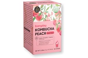 UNHA'S ASIAN SNACK BOX Unha's Everyday Kombucha Tea, Peach Flavored Powder 5g x 30 Sachets (150g/5.29oz) Probiotics, Prebiotics, Sugar-Free, Black Tea, With SCOBY Healthy Drink, Small