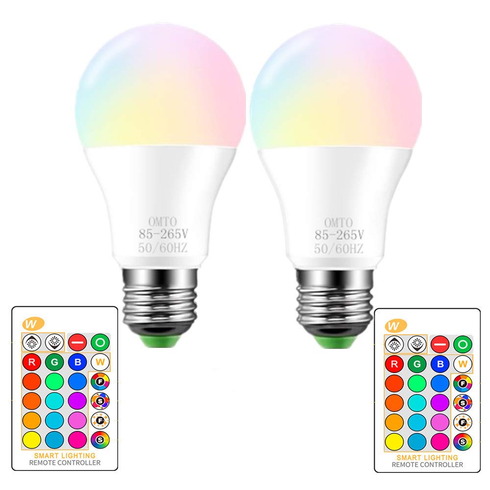 Photo 1 of OMTO RGBW Color Changing LED Light Bulbs, A19 E26 Screw Base IR Remote Control Dimmable with Memory Function 60W Equivalent for Home Decoration Stage Bar Party (RGB+Warm Lighting, 2-Pack)