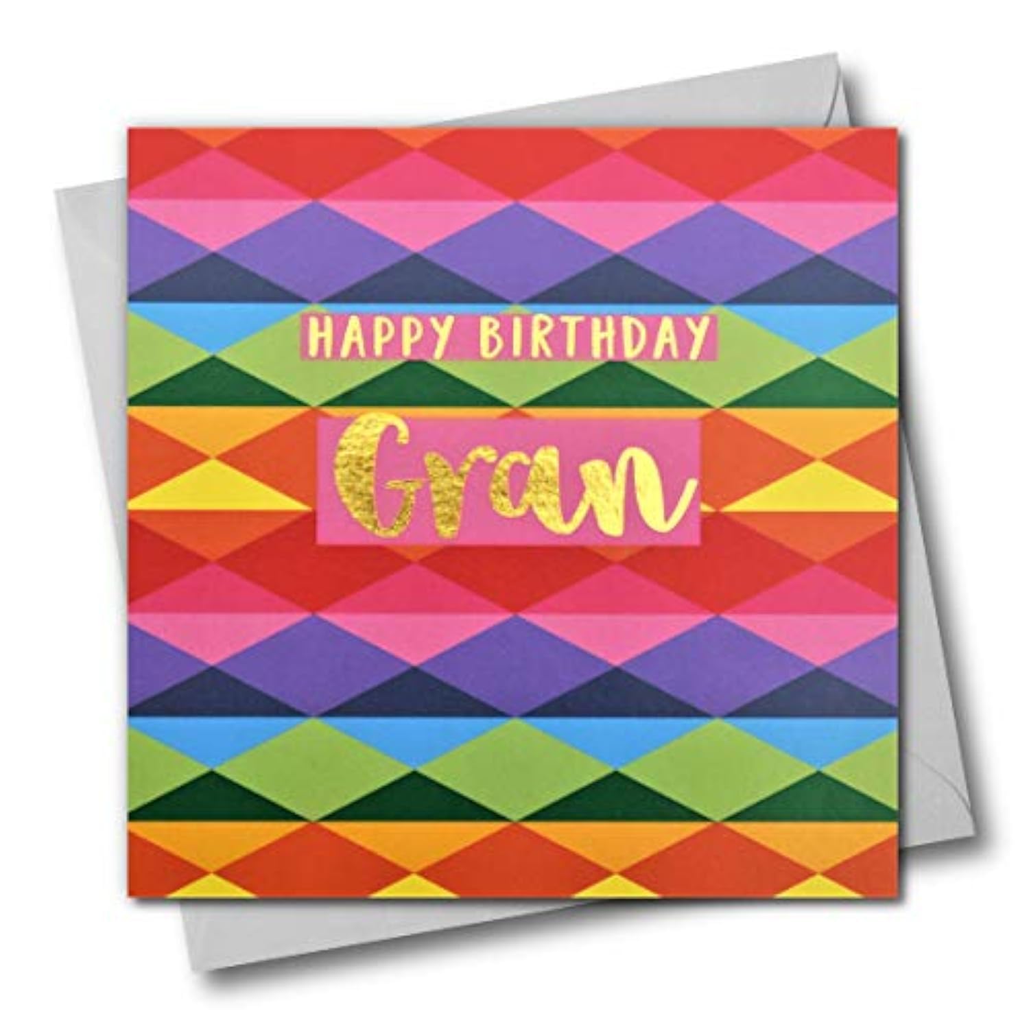 Claire Giles Greeting Cards, Happy Birthday Gran Card, Colourful Diamonds Design Grandmother Birthday Greeting Card, Text Foiled in Shiny Gold