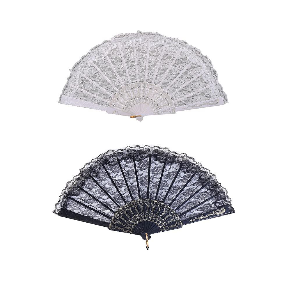 SuKeYuan 2 Pcs Hand Held Fans Vintage Lace Folding Fan Women Spanish Hand Fan for Wedding Decoration DIY Decoration