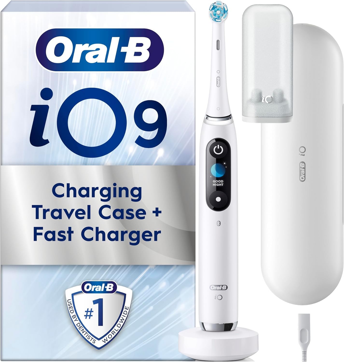 Oral-B iO9 Electric Toothbrush For Adults, Oral B Electric Toothbrushes, App Connected Handle, 1 Toothbrush Head and Charging Travel Case, 7 Modes with Teeth Whitening, 2 Pin Plug, White