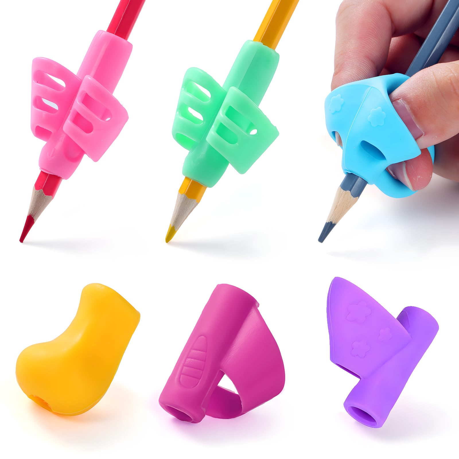 OSteed 17 Pcs Pencil Grips for Handwriting, 5-Style Ergonomic Pen Grips, 4-Stage Silicone Pencil Holder for Left and Right Handed Writing Aid, Assorted Colors