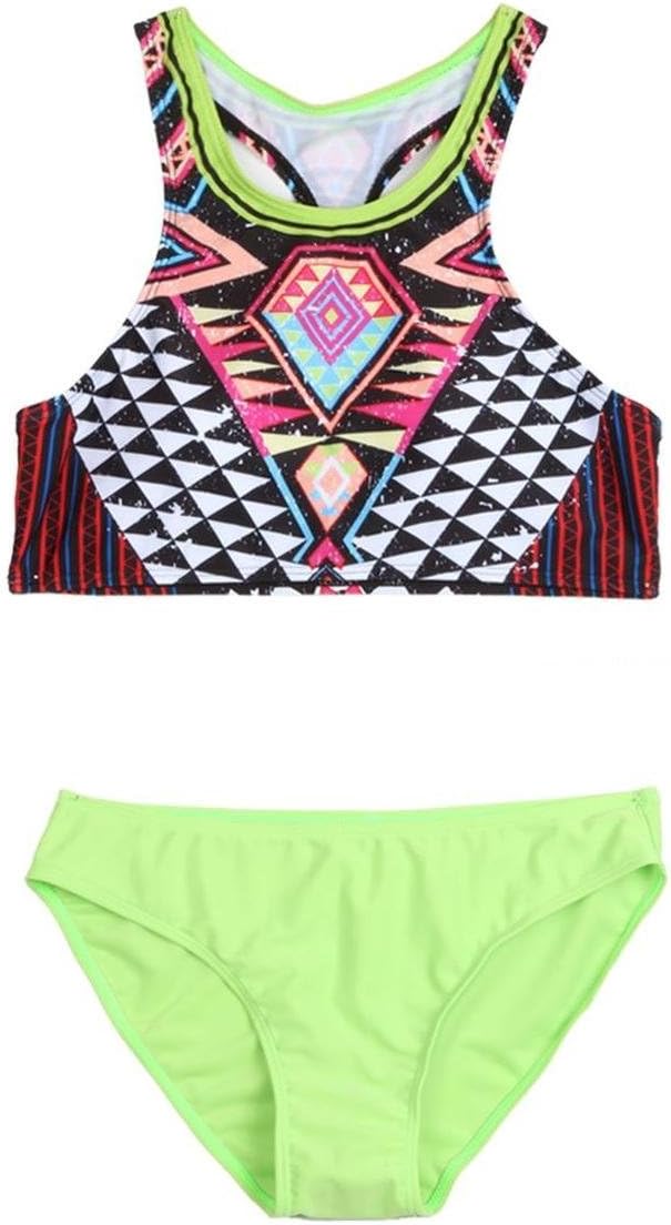 Uplure Girl Women Halter Top Tropical Geometric Pattern Swimwear Bikini Set (Small, Green)