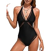 CUPSHE Women's One Piece Swimsuit Halter V Neck Self Tied Straps Bathing Suit Mesh Edge Standard Coverage