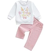 Kayotuas Toddler Baby Girl Birthday Outfit Birthday Girl Shirt and Gingham Plaid Pants Set Smash Cake Clothes Fall Spring